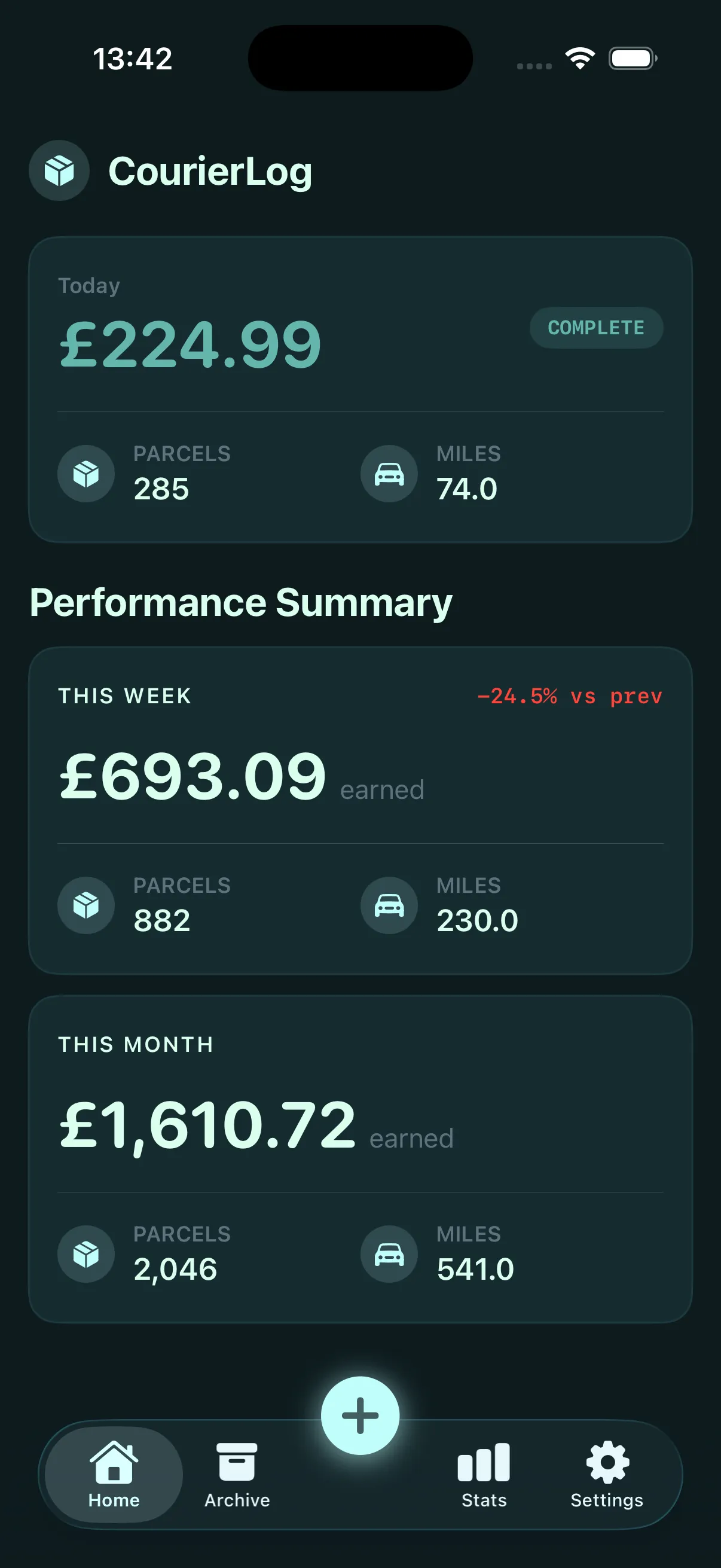 CourierLog dashboard showing today's earnings, mileage and parcel count